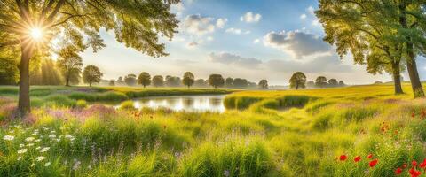 landschap concept achtergrond mooi weiden en natuurlijk vijver in zomertijd gemaakt met ai generatief foto