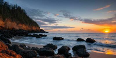 magisch zonsondergang zomer landschap Aan de strand door toneel- rotsen voorgrond. ai generatief foto