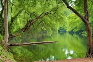 toneel- natuur Woud reflectie Aan water gemaakt met ai generatief foto