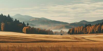 generatief ai, herfst esthetisch landschap panorama, gedempt neutrale kleuren. foto