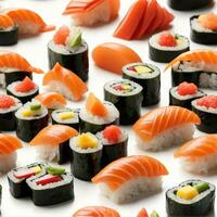 sushi genot Aan wit achtergrond, ai gegenereerd foto