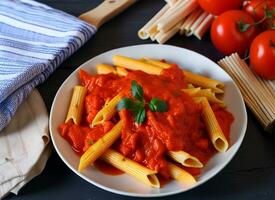 penne pasta met tomaat saus, kip, en tomaten Aan houten tafel, ai gegenereerd foto
