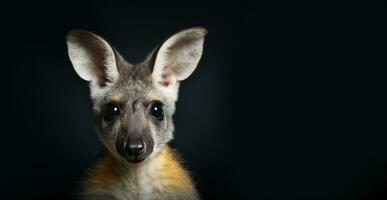 studio portret van een wallaby Aan een zwart achtergrond. horizontaal banier met kangoeroe. ai gegenereerd. foto