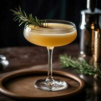 whisky verzuren cocktail. cocktail met oranje sap en rozemarijn Aan een houten tafel. ai gegenereerd. foto