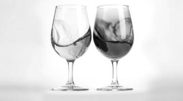 twee wijn bril dichtbij omhoog. bril met wijn Aan wit achtergrond. frontaal visie. ai gegenereerd. foto