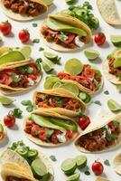 smakelijk taco's Aan wit achtergrond, ai gegenereerd foto