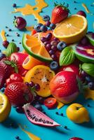 fruit salade morsen een knoeien van levendig kleuren en texturen, ai gegenereerd foto