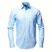 formeel Mannen lucht blauw controleren overhemd Aan wit achtergrond - klassiek en geavanceerde kleding, ai gegenereerd foto