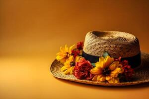 rietje hoed en bloemen Aan geel achtergrond met kopiëren ruimte. generatief ai foto