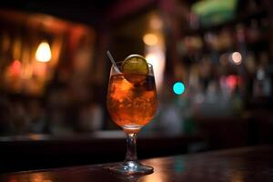 cocktail in de bar met een plak van citroen en een rietje. generatief ai foto