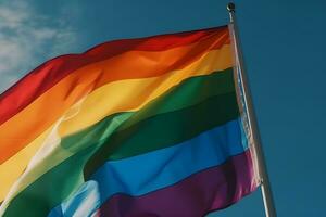 een regenboog vlag golvend in de wind foto