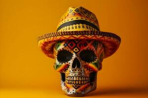 Mexicaans suiker schedel met sombrero en hoed Aan geel achtergrond met copyspace foto