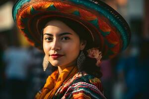een vrouw vervelend Mexicaans sombrero hoed foto