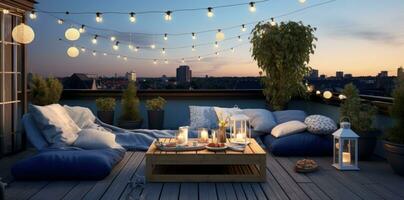 op het dak terras versierd met buitenshuis verlichting en kussens foto