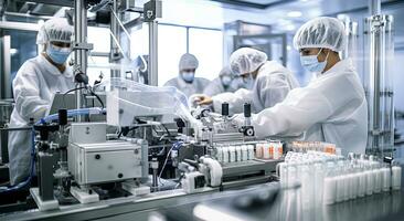 wetenschappers in wit jassen en maskers werken in een modern wetenschappelijk laboratorium. ai gegenereerd. foto
