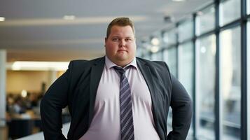 te zwaar Mens in modern kantoor. een dik Mens in een pak, een kantoor arbeider. foto