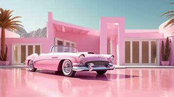 roze speelgoed- klassiek auto Aan de achtergrond van een wazig poppenhuis. speelgoed- wereld foto