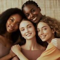 glimlachen multi-etnisch koel meisjes, vrienden poseren samen voor een groep portret. zusterschap en vrouwtjes vriendschap poster. foto