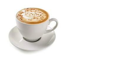 cappuccino. koffie in een wit kop met een schotel geïsoleerd Aan een wit achtergrond met ruimte voor tekst. ai gegenereerd foto