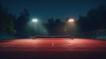 visie van een tennis rechtbank met licht van de schijnwerpers over- donker achtergrond foto