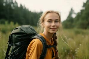 vrouw glimlach genieten van hiking. genereren ai foto