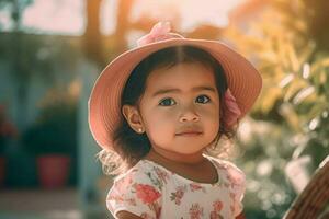 gelukkig Mexicaans baby meisje in zomer hoed. genereren ai foto