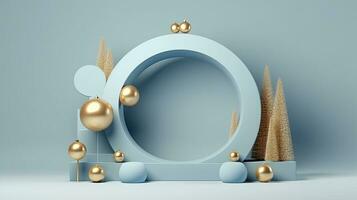 verbijsterend 3d geven van blauw podium met goud boog Kerstmis boom decoraties, ai gegenereerd foto