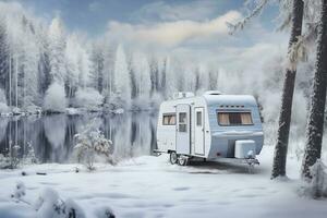 winter wonderland - realistisch landschap van besneeuwd Woud en bevroren meer. generatief door ai foto