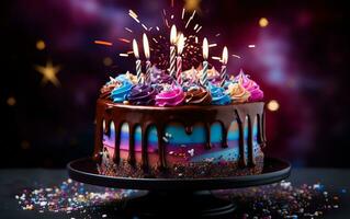 een magisch sprookjesachtig thema verjaardag taart geplaatst Aan een stellage, versierd met betoverend details, generatief ai foto