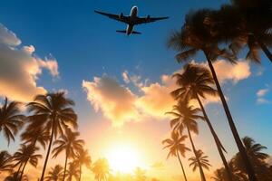 vliegtuig stijgend bovenstaand palm bomen tegen een Doorzichtig zonsondergang lucht, generatief ai foto