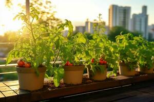 stedelijk tuin Aan een milieuvriendelijk balkon met rozemarijn, generatief ai foto