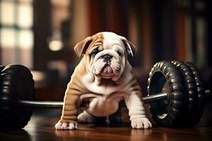 aanbiddelijk dik bulldog en een barbell avontuur. generatief door ai foto