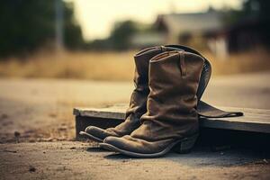 een paar- van bruin leer cowboy laarzen in een natuurlijk achtergrond foto