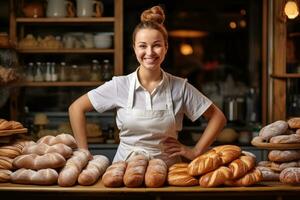 portret van een geslaagd vrouw bakkerij eigenaar foto