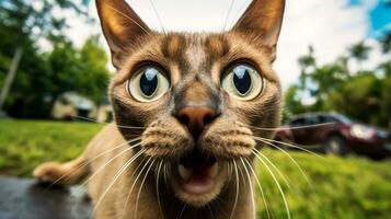 detailopname foto van een grappig geschokt Birmees kat plakken uit zijn tong. generatief ai