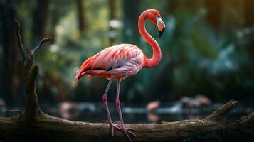 foto van een flamingo staand Aan een gedaald boom Afdeling Bij ochtend. generatief ai