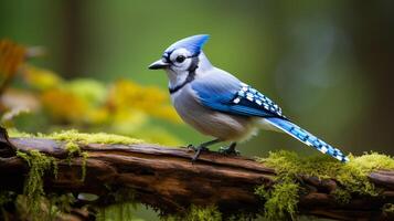 foto van een blauw gaai staand Aan een gedaald boom Afdeling Bij ochtend. generatief ai