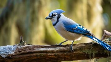 foto van een blauw gaai staand Aan een gedaald boom Afdeling Bij ochtend. generatief ai