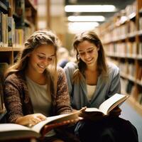 Universiteit studenten lezing boeken in bibliotheek voor Onderzoek. foto