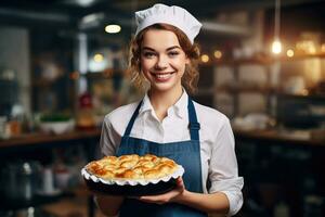 detailopname van een vrouw bakker Holding een bakker dienblad van zoet brood foto