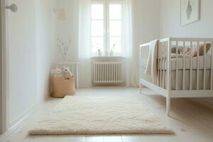 gemakkelijk, wit baby slaapkamer met kinderbed en tapijt. foto