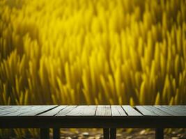 houten tafel en vervagen tropisch geel kleur achtergrond, Product Scherm montage. hoog kwaliteit foto 8k fhd ai gegenereerd