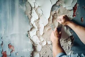 oud pellen verf Aan een muur, verbouwen vernieuwing in een appartement foto