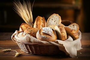 brood en veel van vers brood broodjes in een mand Aan een houten tafel foto