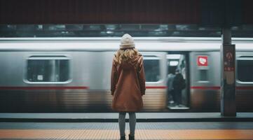 terug visie van vrouw staand alleen Aan platform in metro of Aan metro station. foto