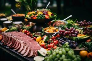 buffet tafel vol van voedsel in een luxe hotel foto