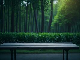 houten tafel en vervagen tropisch groen gras achtergrond, Product Scherm montage. hoog kwaliteit foto 8k fhd ai gegenereerd