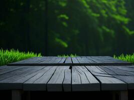 houten tafel en vervagen tropisch groen gras achtergrond, Product Scherm montage. hoog kwaliteit foto 8k fhd ai gegenereerd