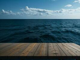 houten tafel en vervagen tropisch strand achtergrond, Product Scherm montage. hoog kwaliteit foto 8k fhd ai gegenereerd