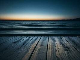 houten tafel en vervagen tropisch strand achtergrond, Product Scherm montage. hoog kwaliteit foto 8k fhd ai gegenereerd